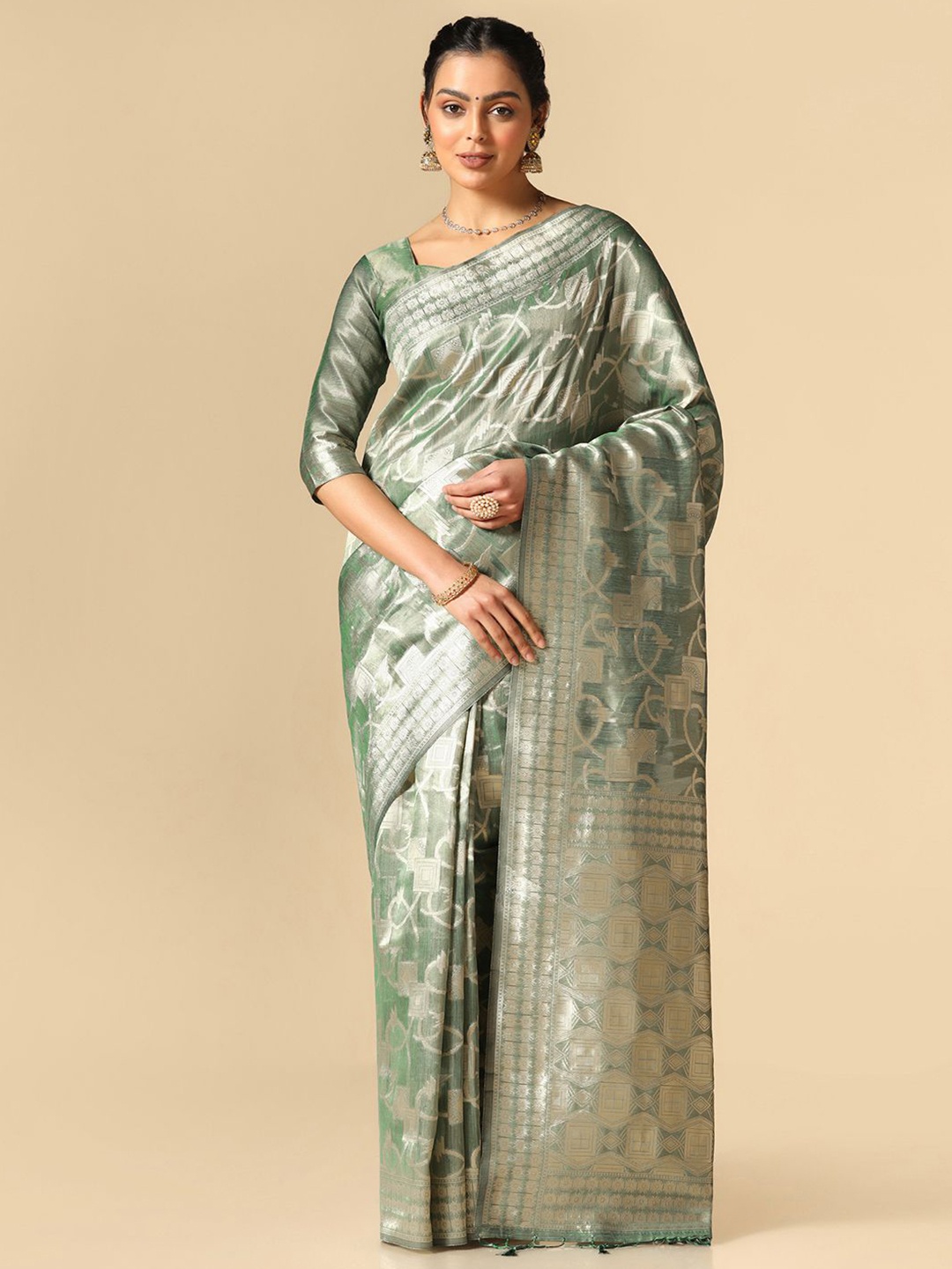 

Satrani Geometric Woven Design Zari Banarasi Saree, Green