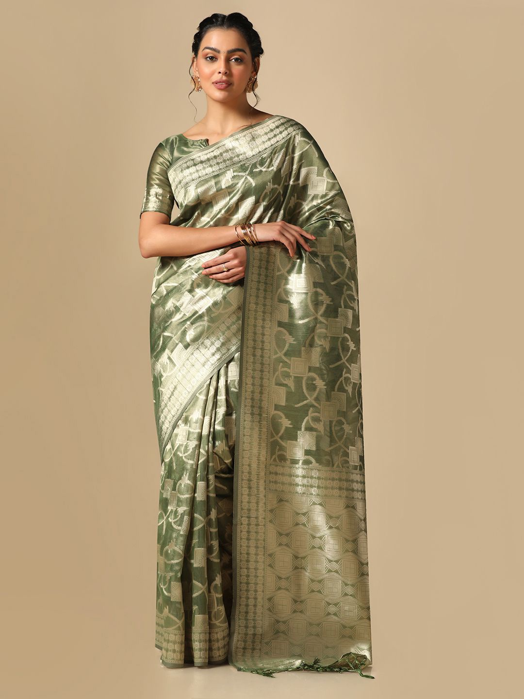 

Satrani Geometric Motif Woven Design Zari Banarasi Saree, Green