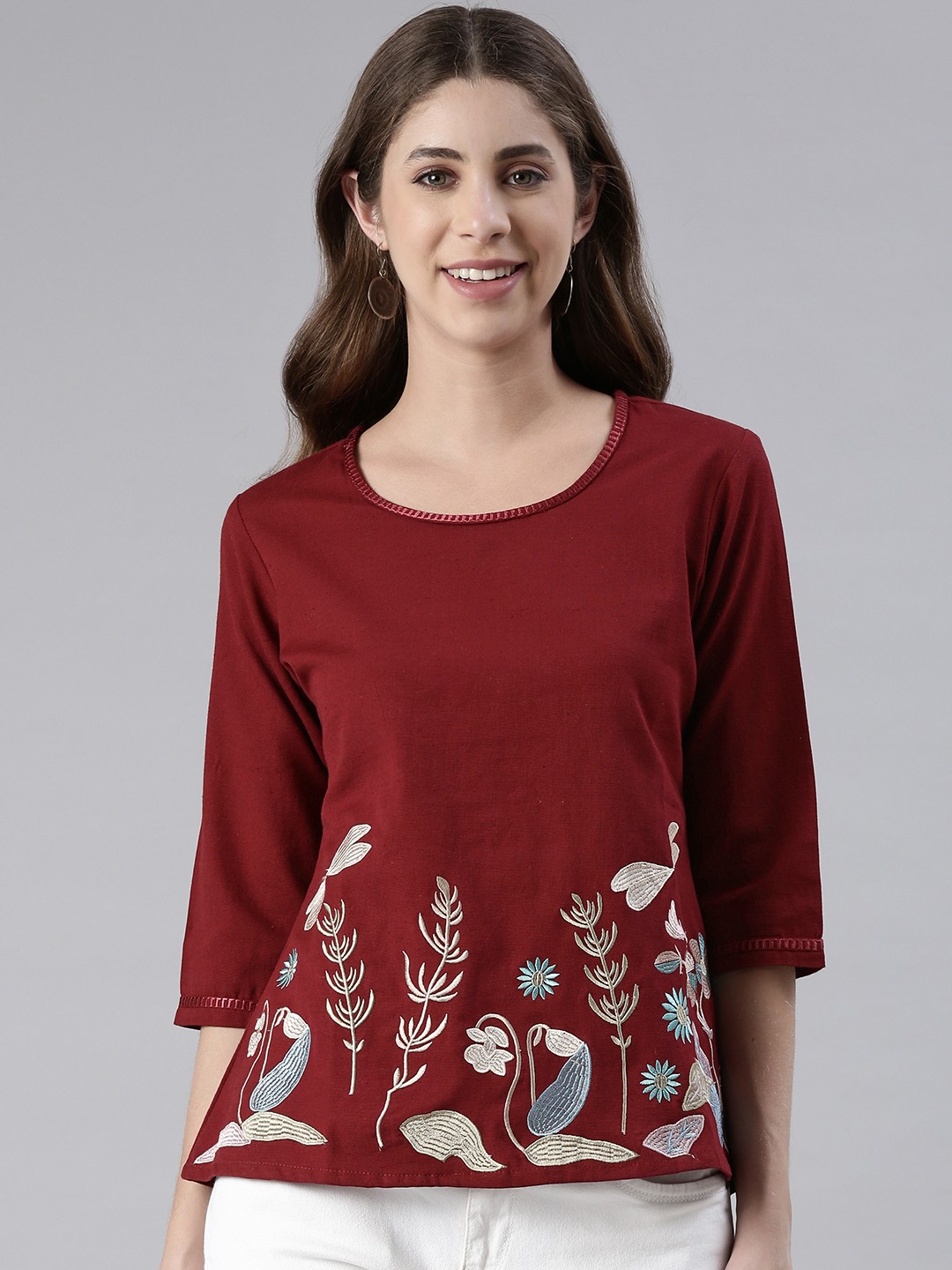 

MALHAAR Ethnic Motifs Embroidered Pure Cotton Thread Work Kurti, Maroon
