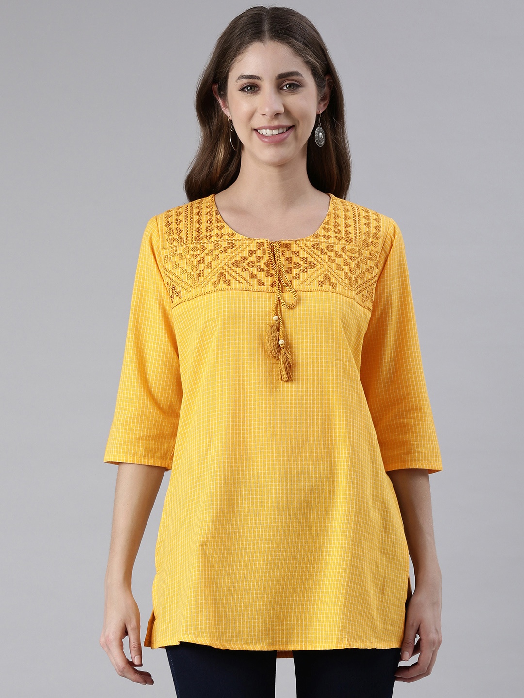 

MALHAAR Geometric Embroidered Pure Cotton Thread Work Kurti, Mustard