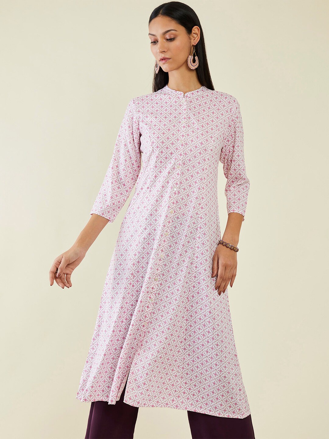 

Soch Ethnic Motifs Printed Mandarin Collar A-Line Kurta, Pink