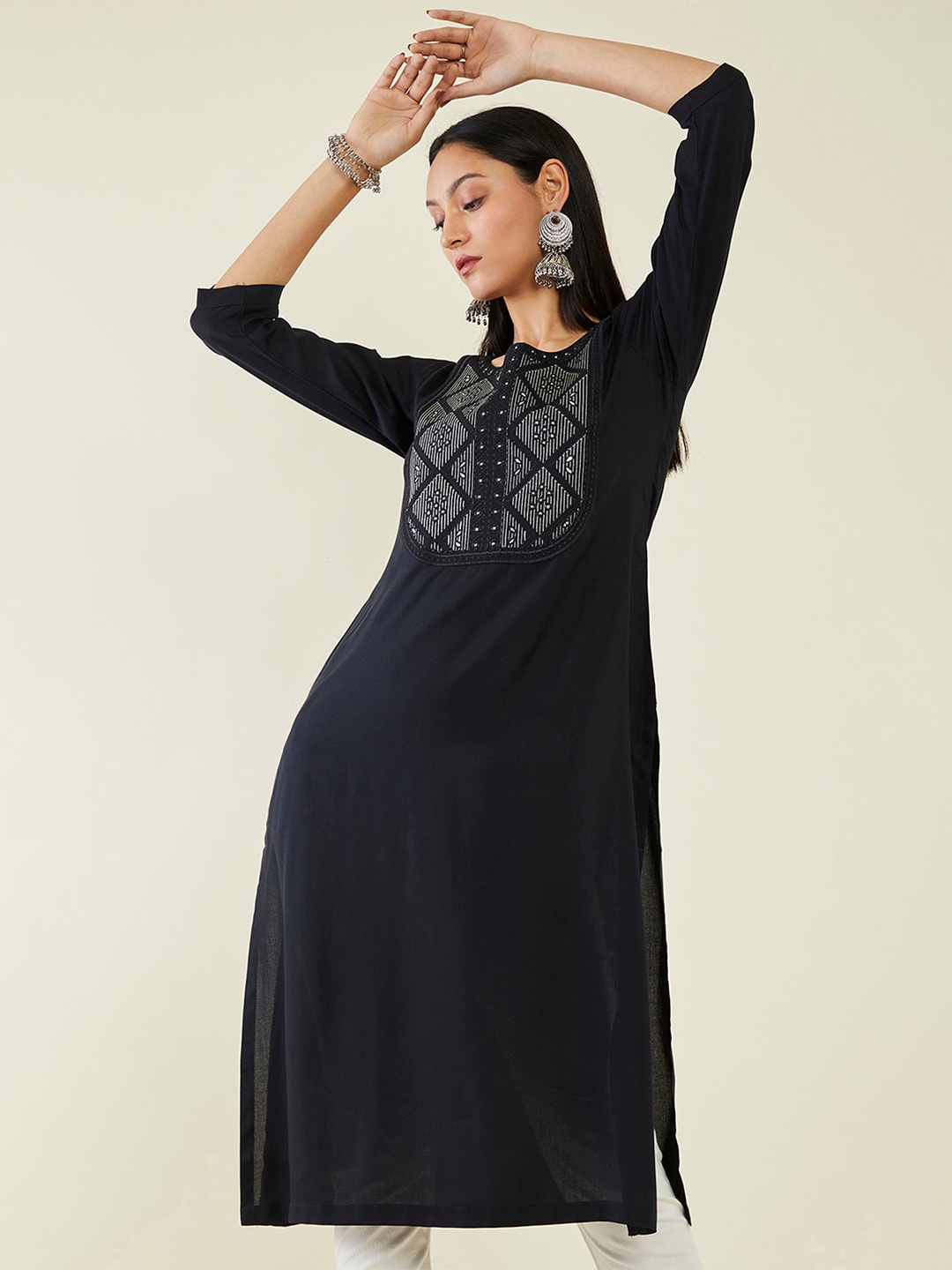 

Soch Yoke Design Mirror Work Embroidered Straight Kurta, Black