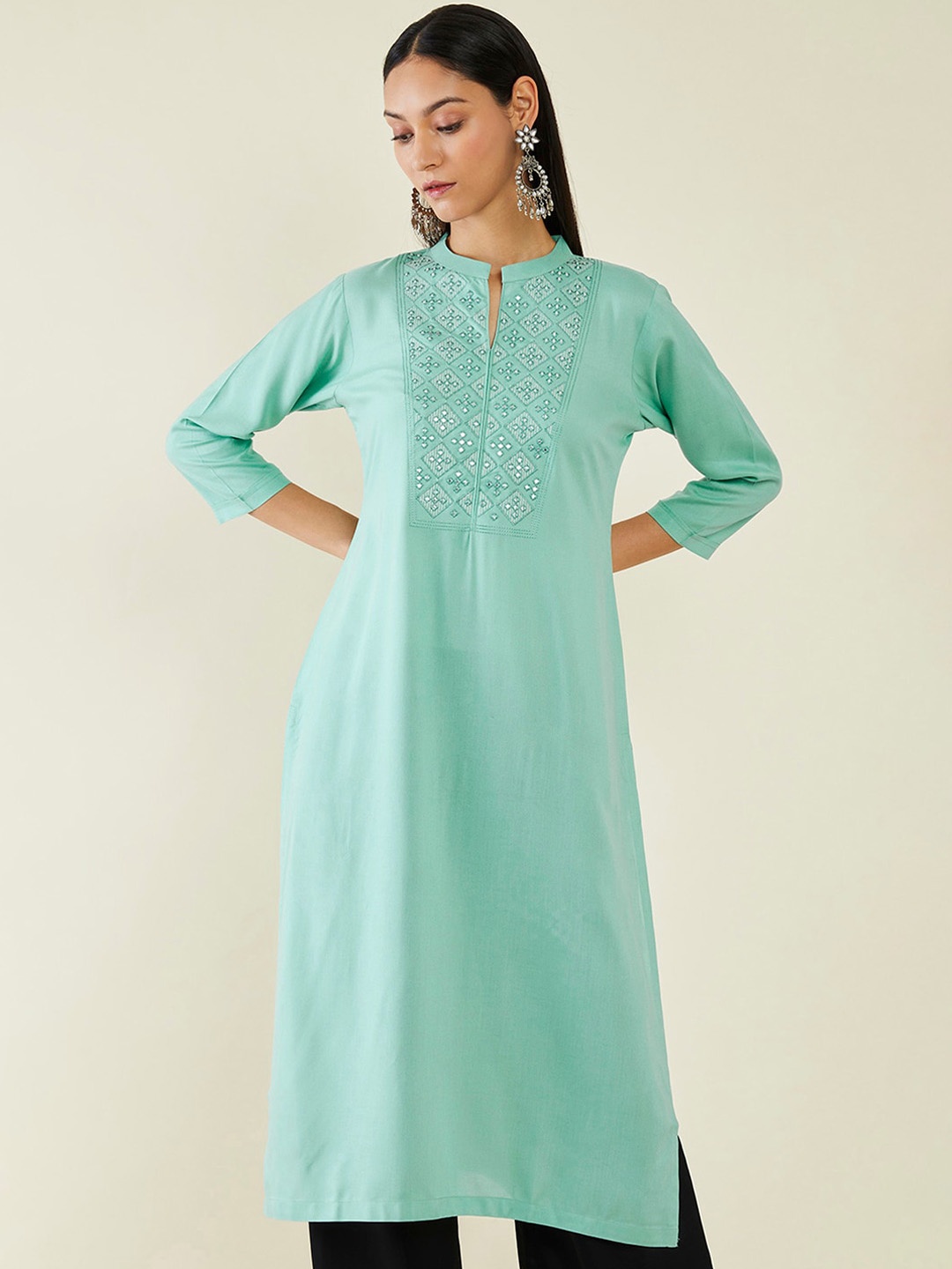 

Soch Ethnic Motifs Yoke Design Embroidered Mirror work Straight Kurta, Teal