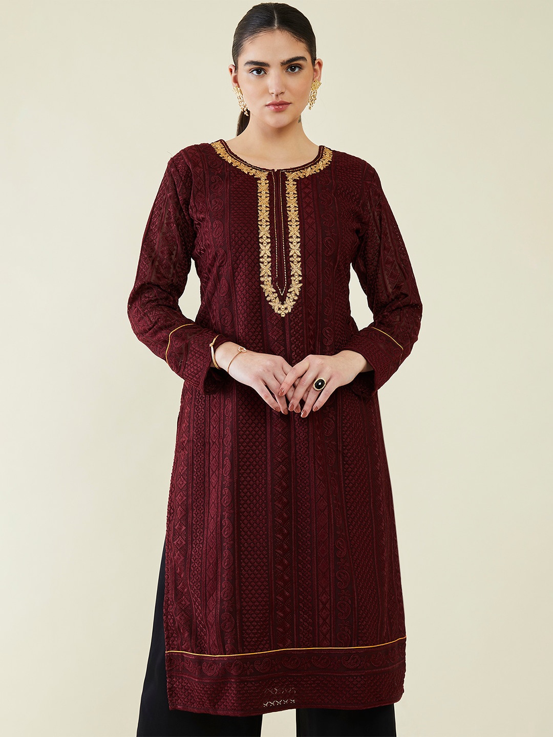 

Soch Ethnic Motifs Embroidered Georgette Kurta, Maroon