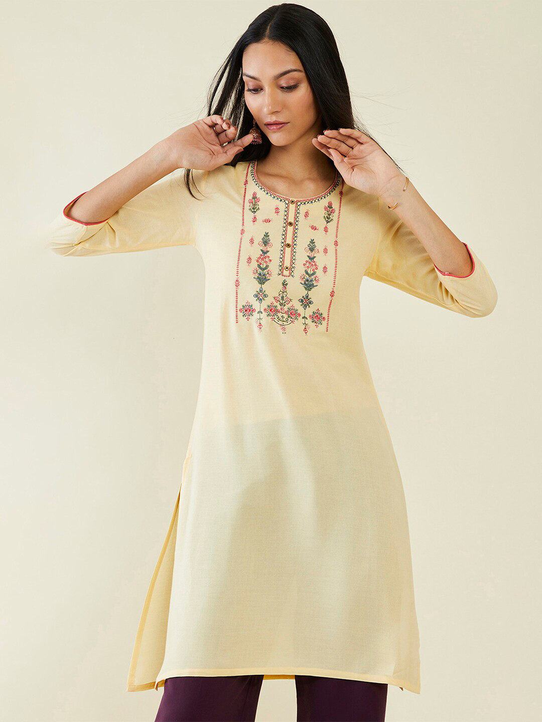

Soch Floral Yoke Design Viscose Rayon Kurta, Yellow