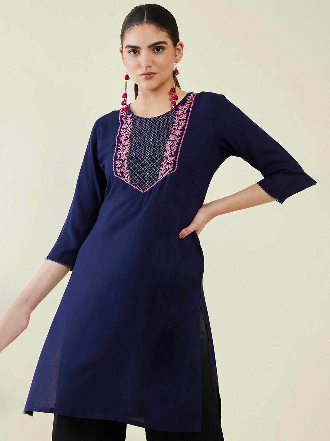 

Soch Ethnic Motif Yoke Design Round Neck Thread Work Kurta, Navy blue