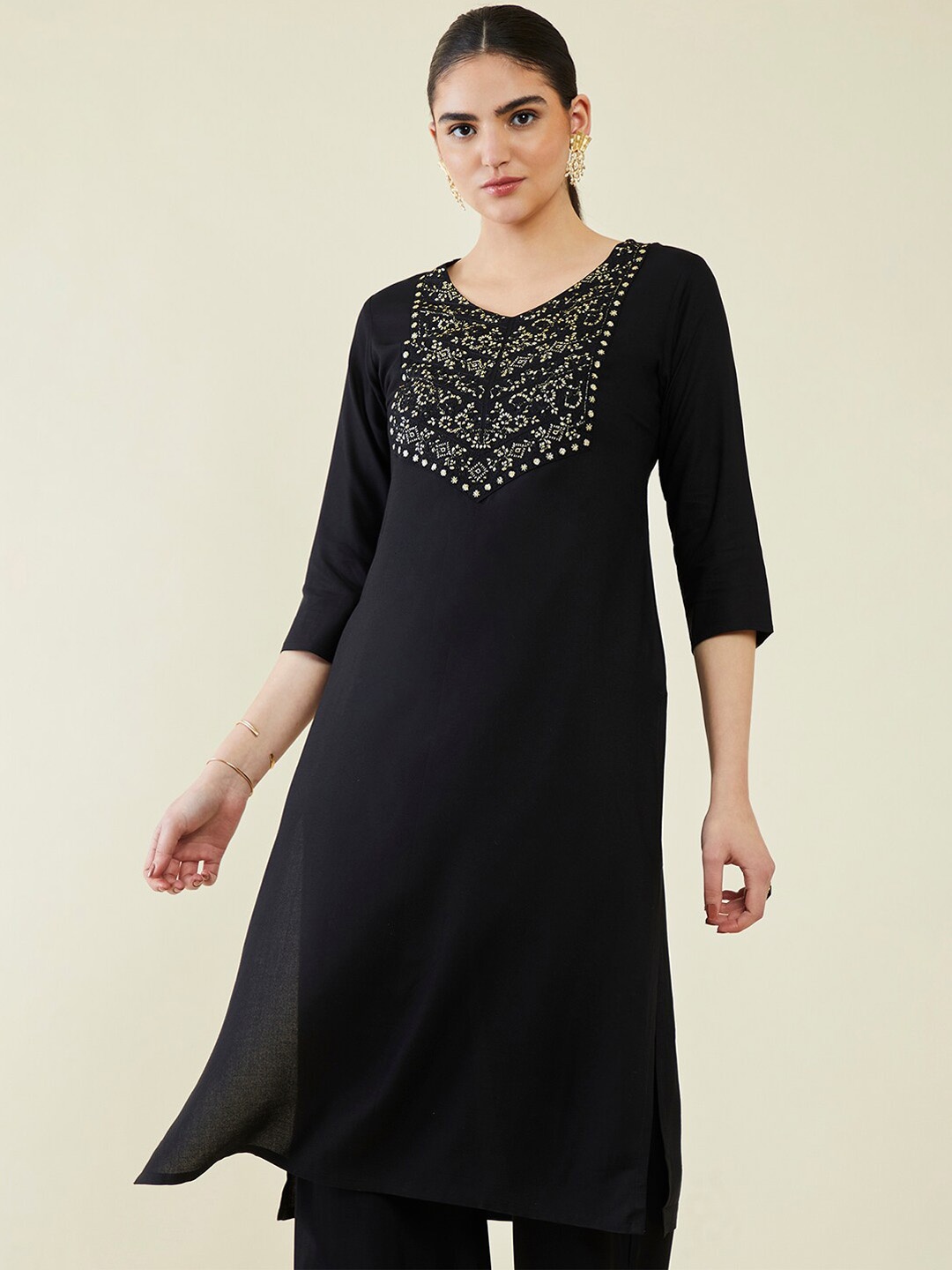 

Soch Women Ethnic Motif Embroidered Yoke Design Kurta, Black