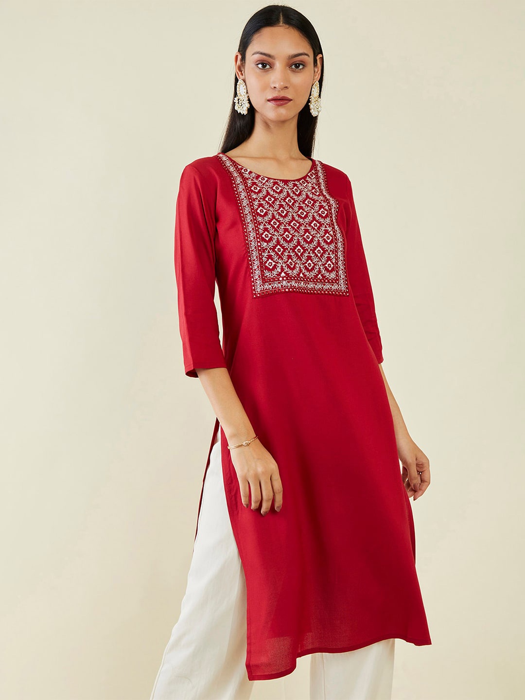 

Soch Ethnic Motifs Yoke Design Thread Work Straight Kurta, Maroon