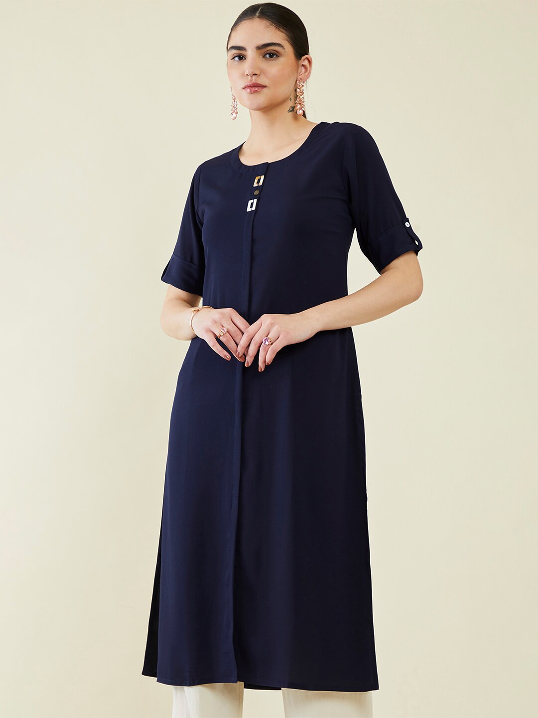 

Soch Round Neck Roll-Up Sleeves A-Line Kurta, Navy blue