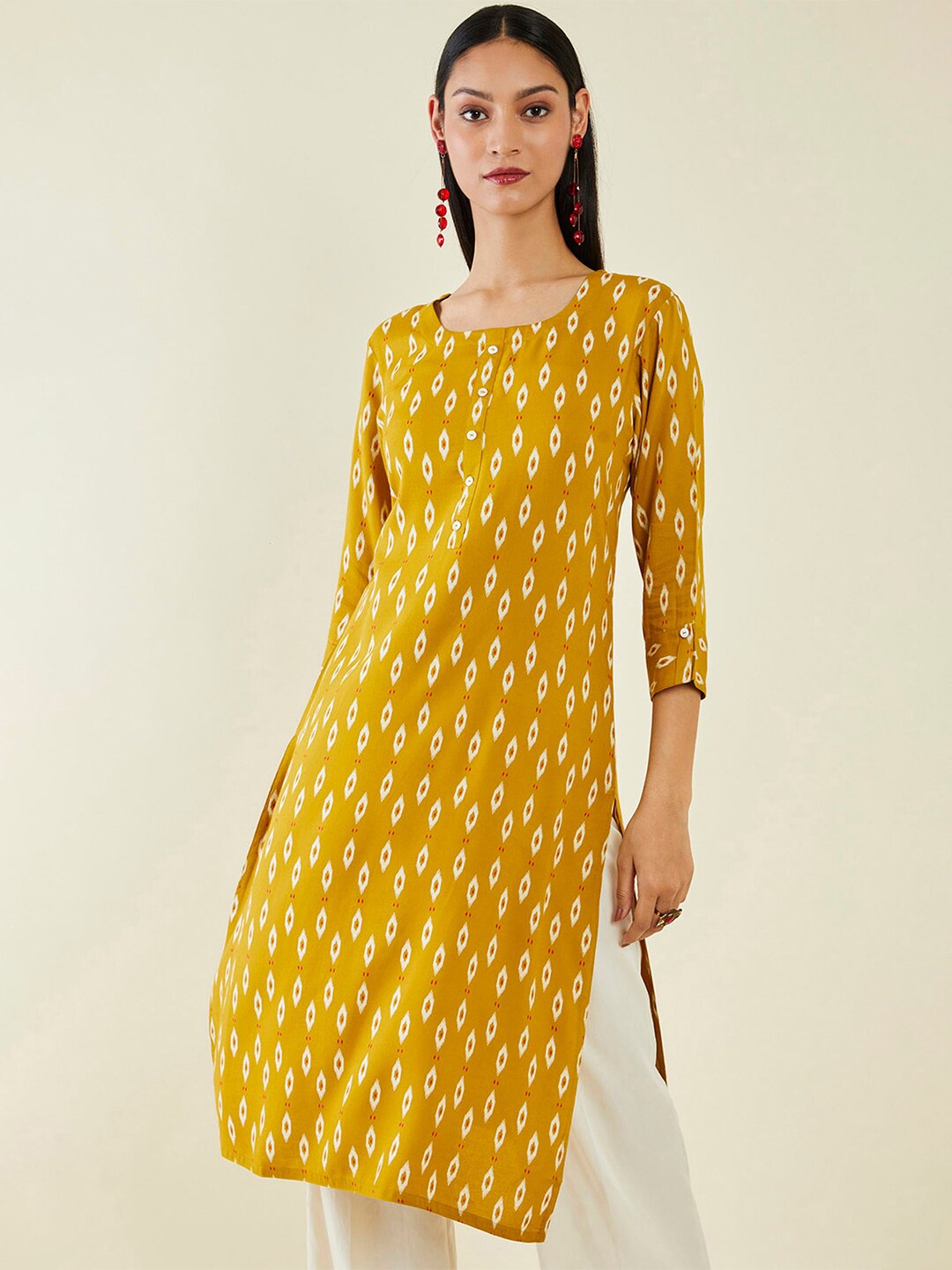 

Soch Ethnic Motif Printed Round Neck Straight Kurta, Mustard