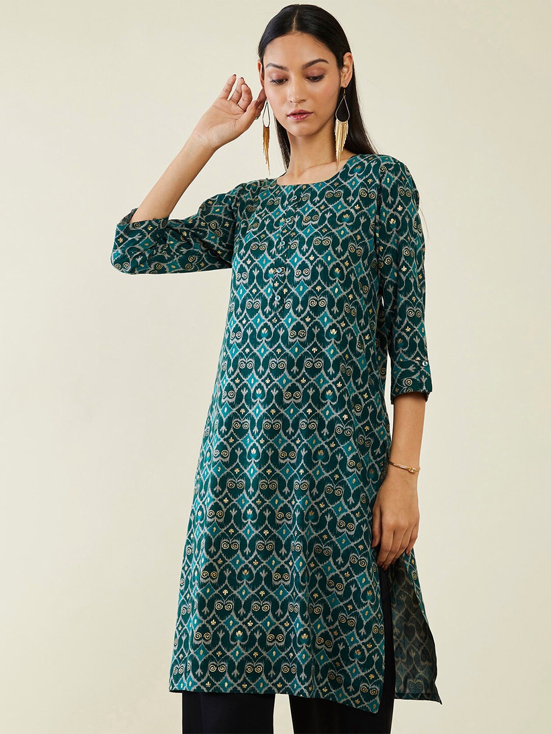 

Soch Ethnic Motifs Printed Roll-Up Sleeves Kurta, Teal