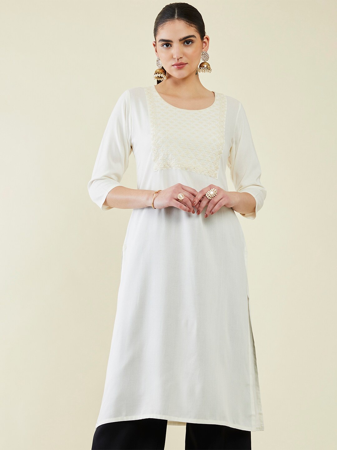 

Soch Floral Yoke Design Thread Work Kurta, Off white