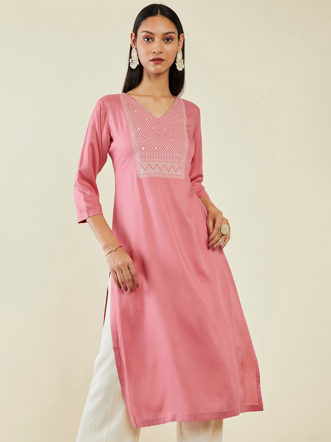

Soch Yoke Design Embroidered Straight Kurta, Coral