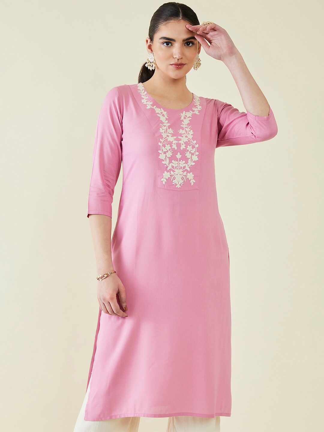 

Soch Embroidered Yoke Design Round Neck Flared Sleeves Kurta, Pink