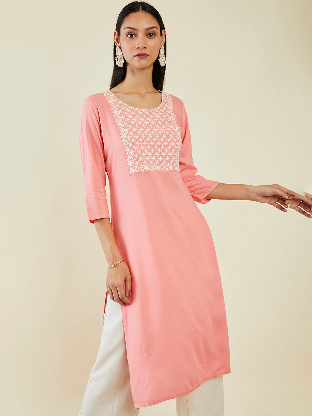 

Soch Geometric Yoke Design Round Neck Kurta, Peach