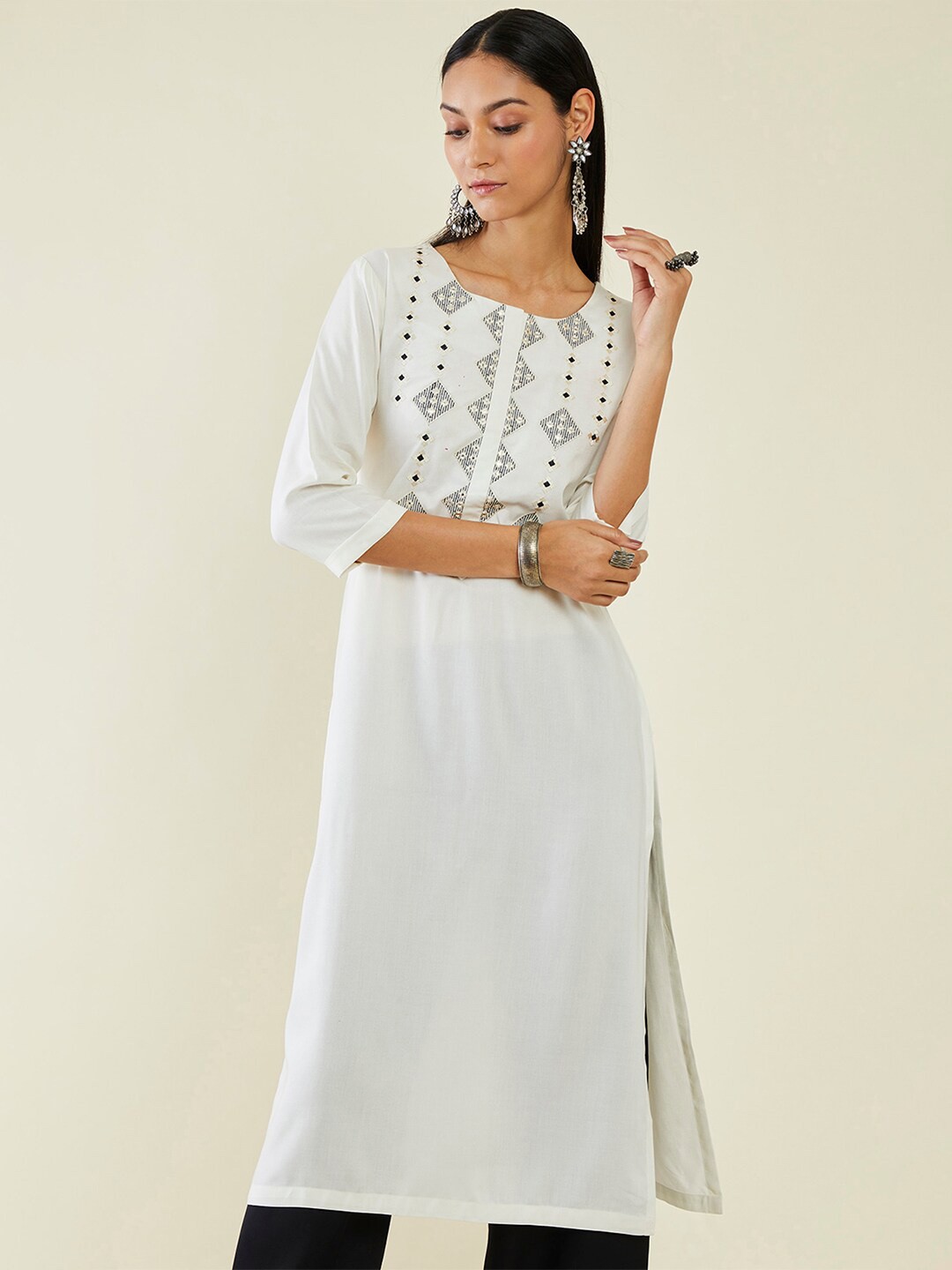 

Soch Embroidered Yoke Design Regular Sleeves Straight Kurta, Off white