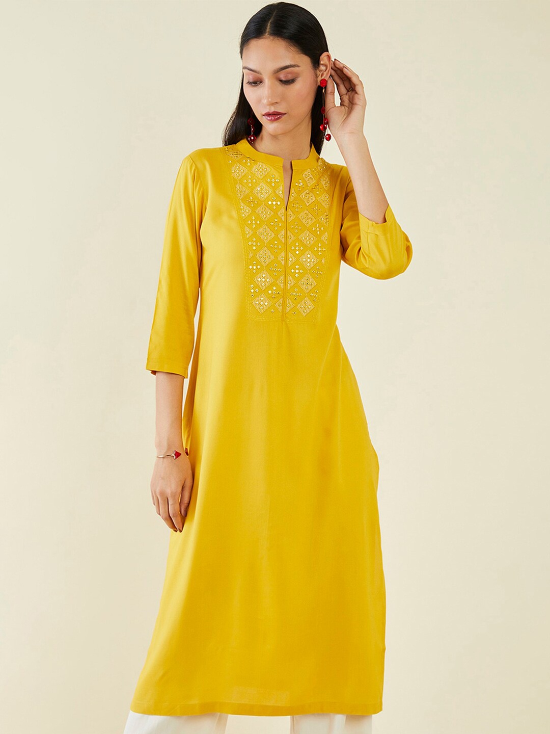 

Soch Embroidered Yoke Design Band Collar With Mirror Work Straight Kurta, Mustard