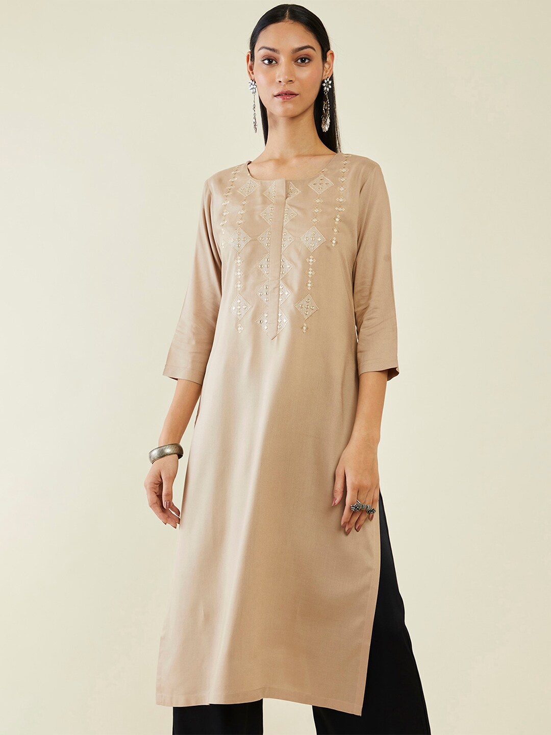 

Soch Ethnic Motif Yoke Design Thread Work Kurta, Beige