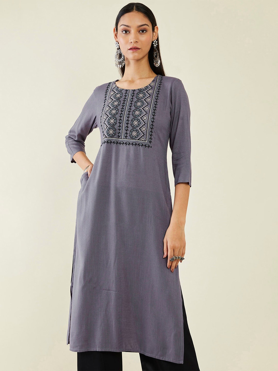 

Soch Chevron Embroidered Embroidered Kurta, Grey