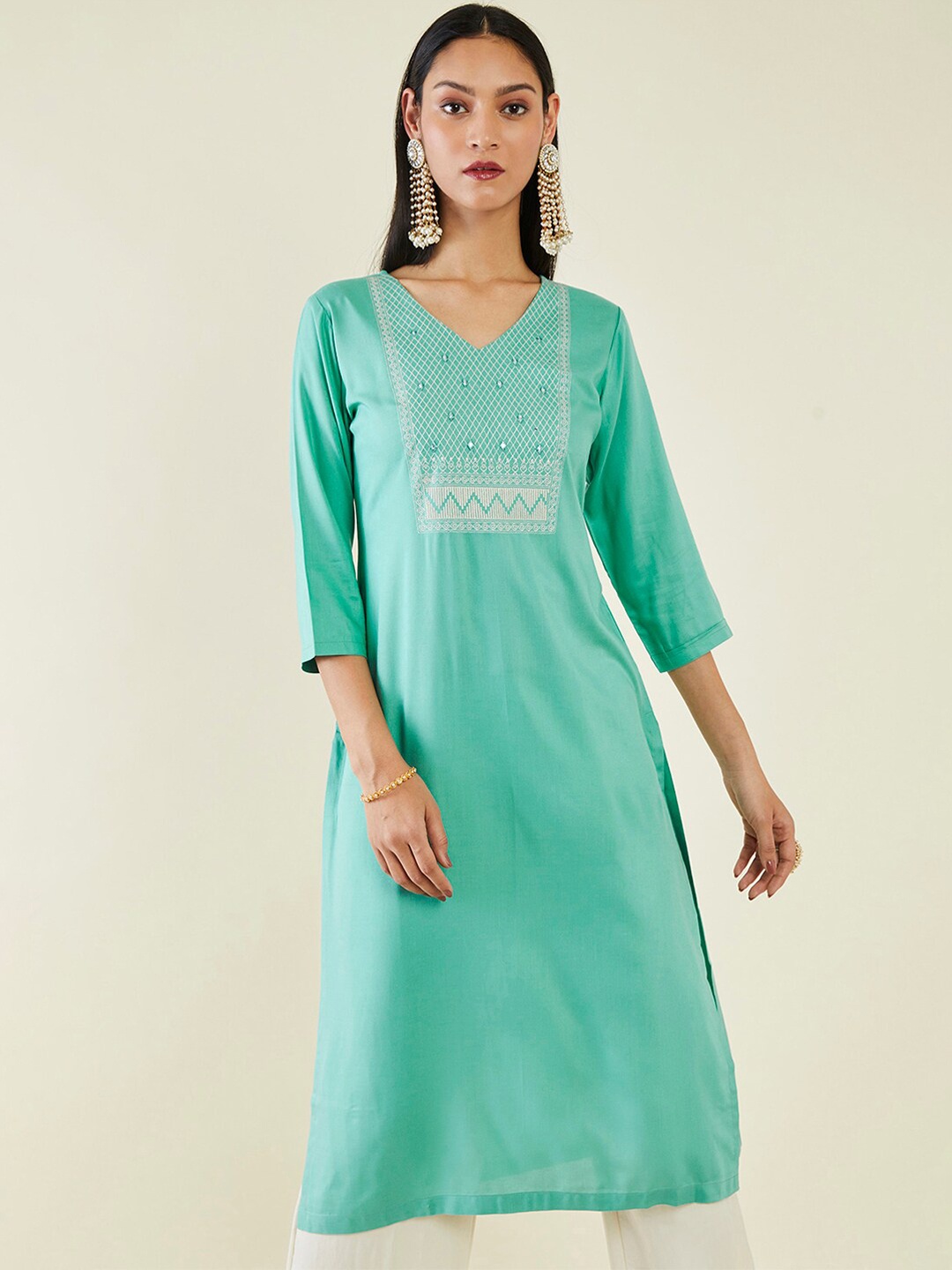 

Soch Embroidered Yoke Design V-Neck With Mirror Work Straight Kurta, Turquoise blue