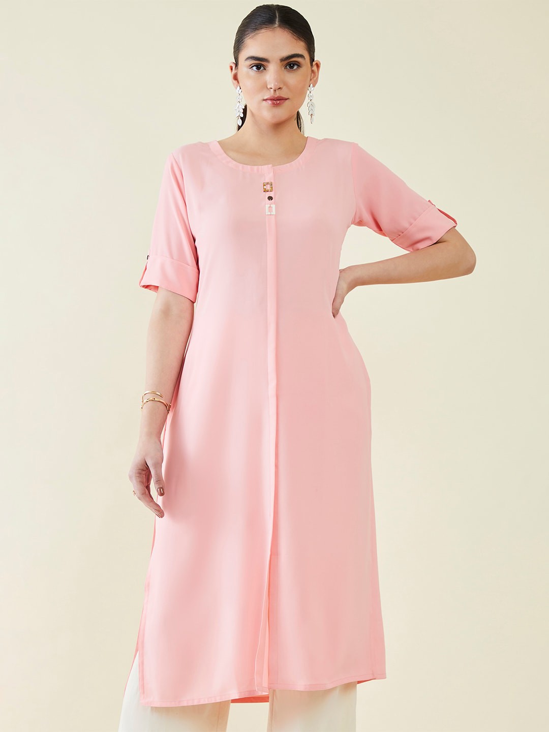 

Soch Roll-Up Sleeves Panelled Knee Length Kurta, Pink