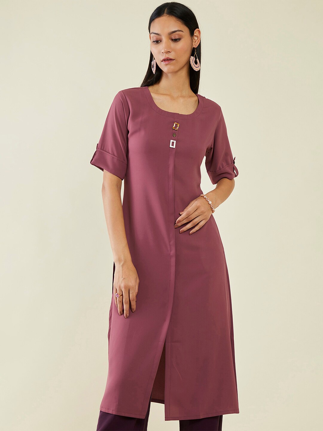 

Soch Round Neck Roll Up Sleeves Straight Kurta, Pink