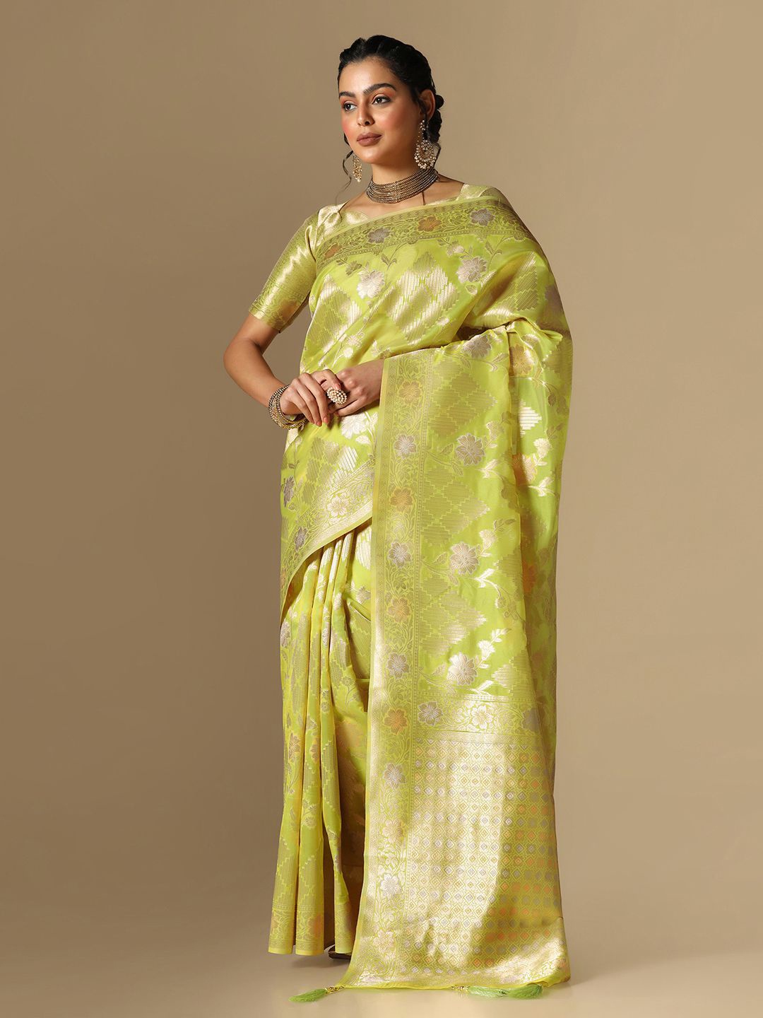 

Mitera Floral Woven Design Zari Banarasi Saree, Green