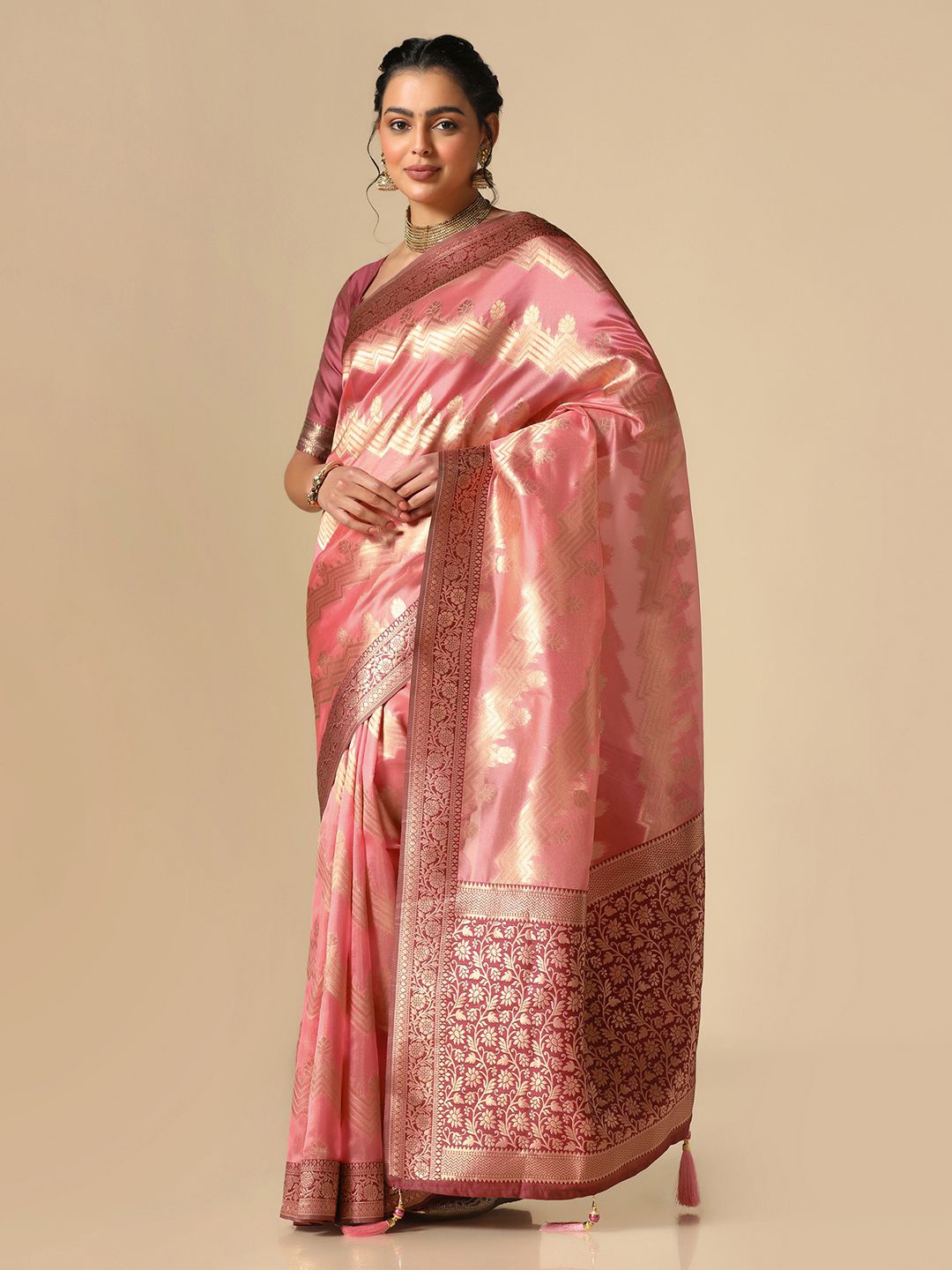

Mitera Floral Woven Design Zari Banarasi Saree, Pink