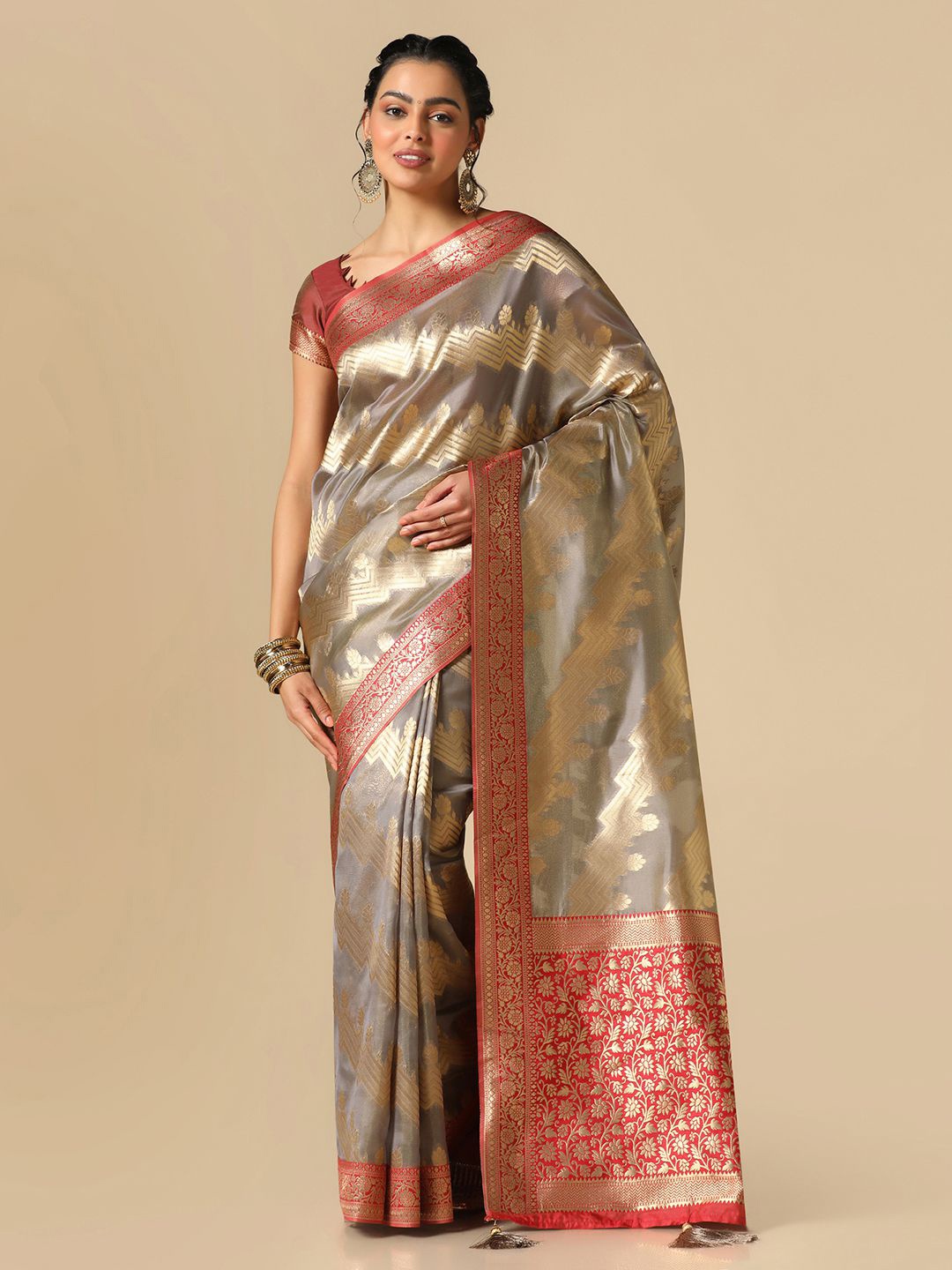 

Mitera Floral Woven Design Zari Banarasi Saree, Grey