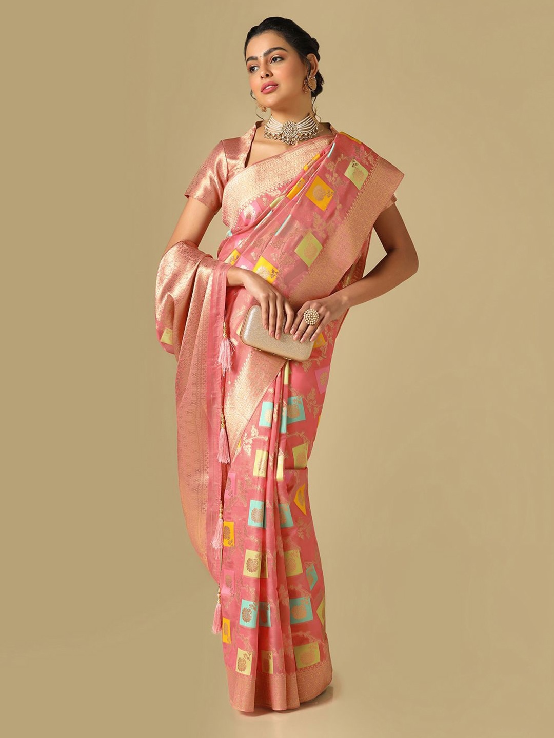 

Mitera Floral Woven Design Zari Banarasi Saree, Pink