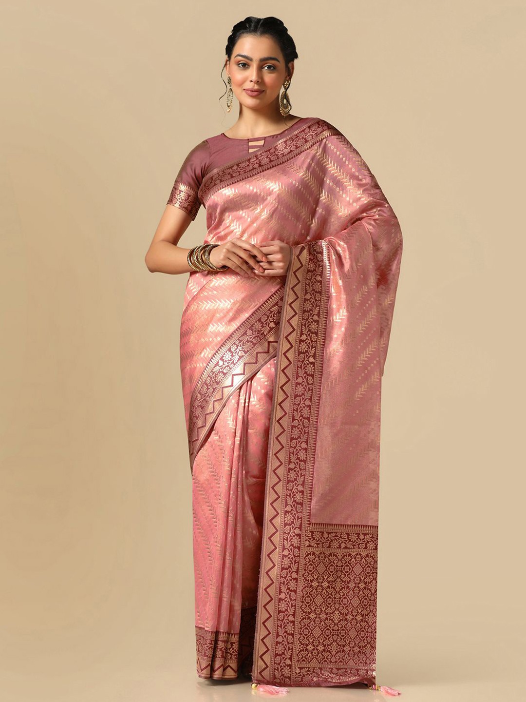 

Mitera Pink & Maroon Zari Silk Blend Banarasi Saree