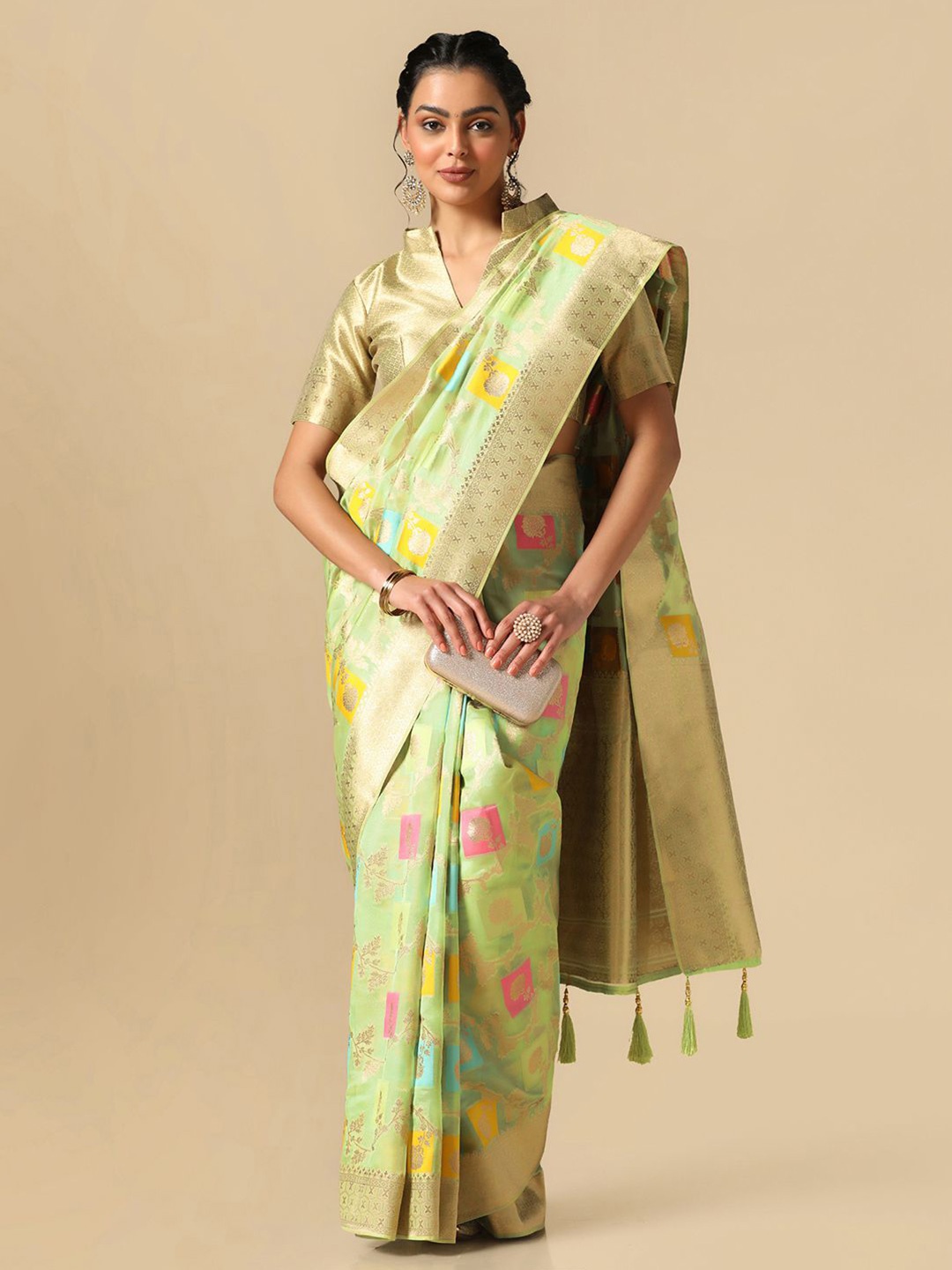 

Mitera Geometric Woven Design Zari Banarasi Saree, Green