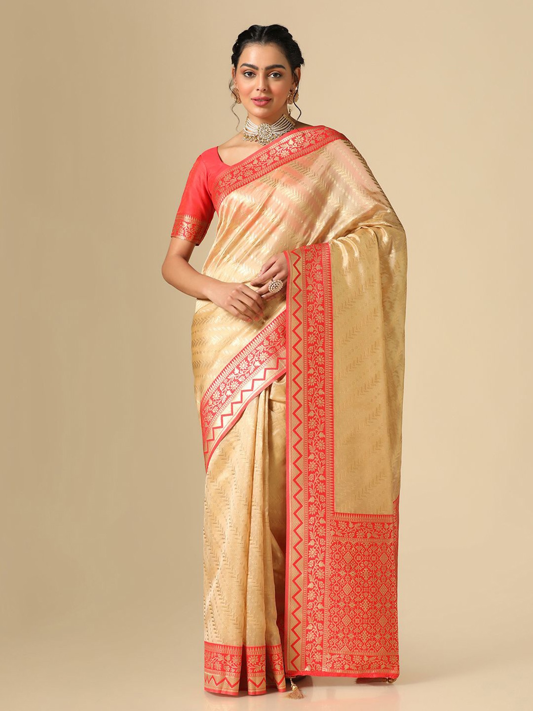 

Mitera Ethnic Motifs Woven Design Zari Banarasi Saree, Beige