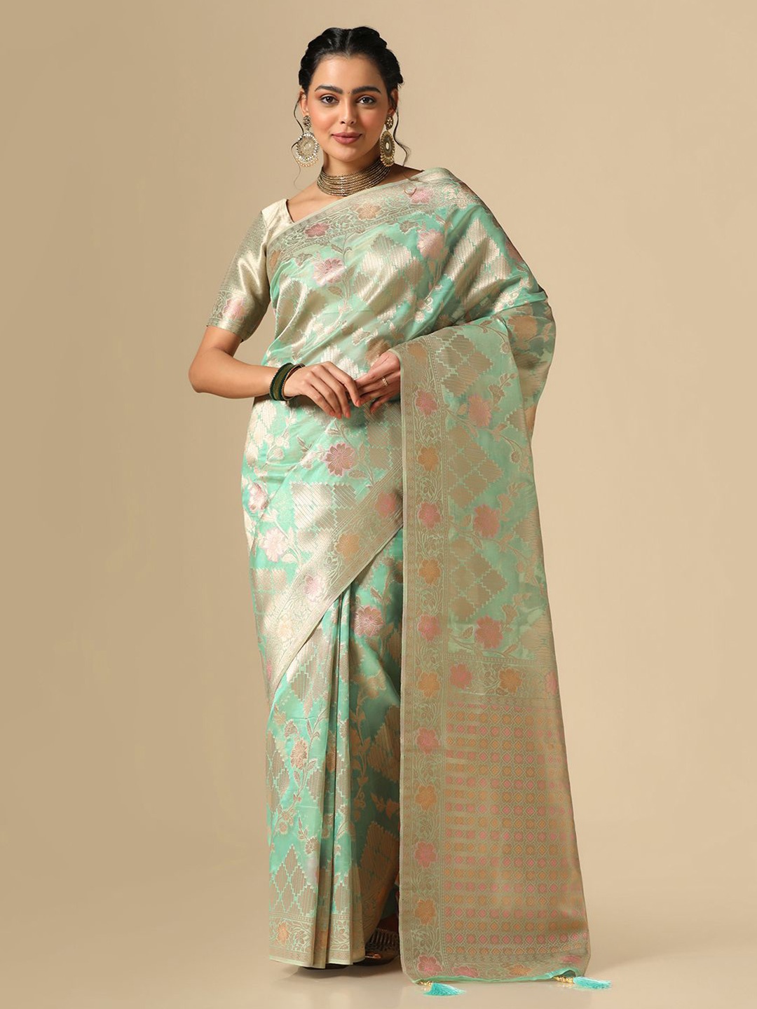 

Mitera Floral Woven Design Zari Jacquard Banarasi Saree, Green