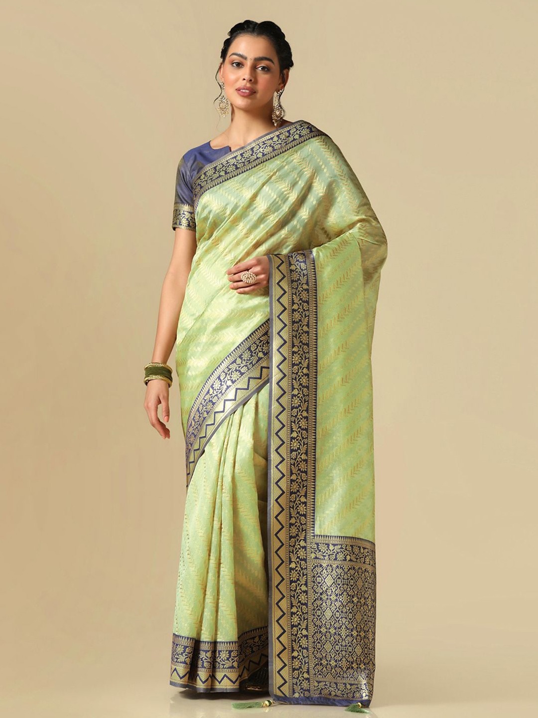 

Mitera Ethnic Motifs Woven Design Zari Banarasi Saree, Green