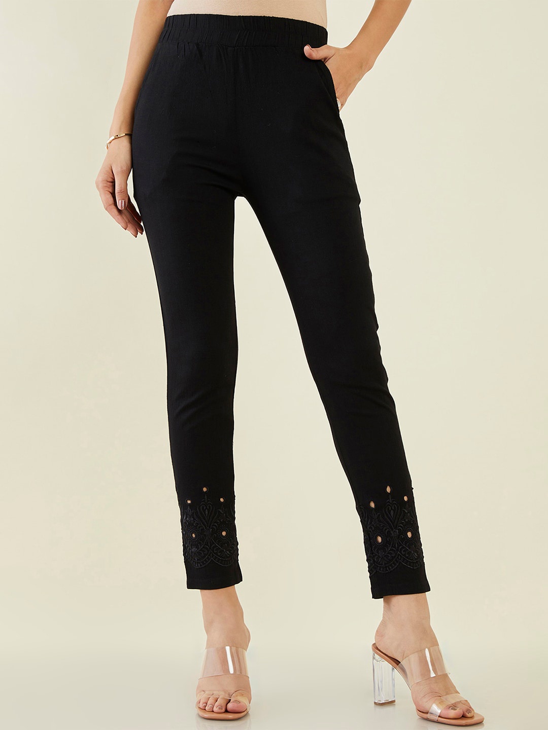 

Soch Women Self Design Cotton Ankle Length Trousers, Black