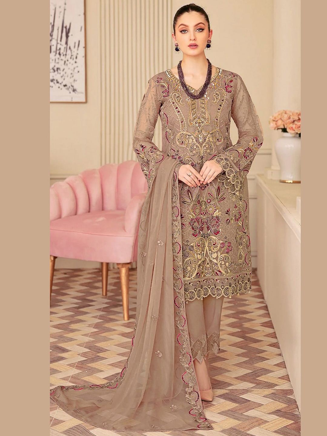 

Satrani Embroidered Unstitched Dress Material, Brown