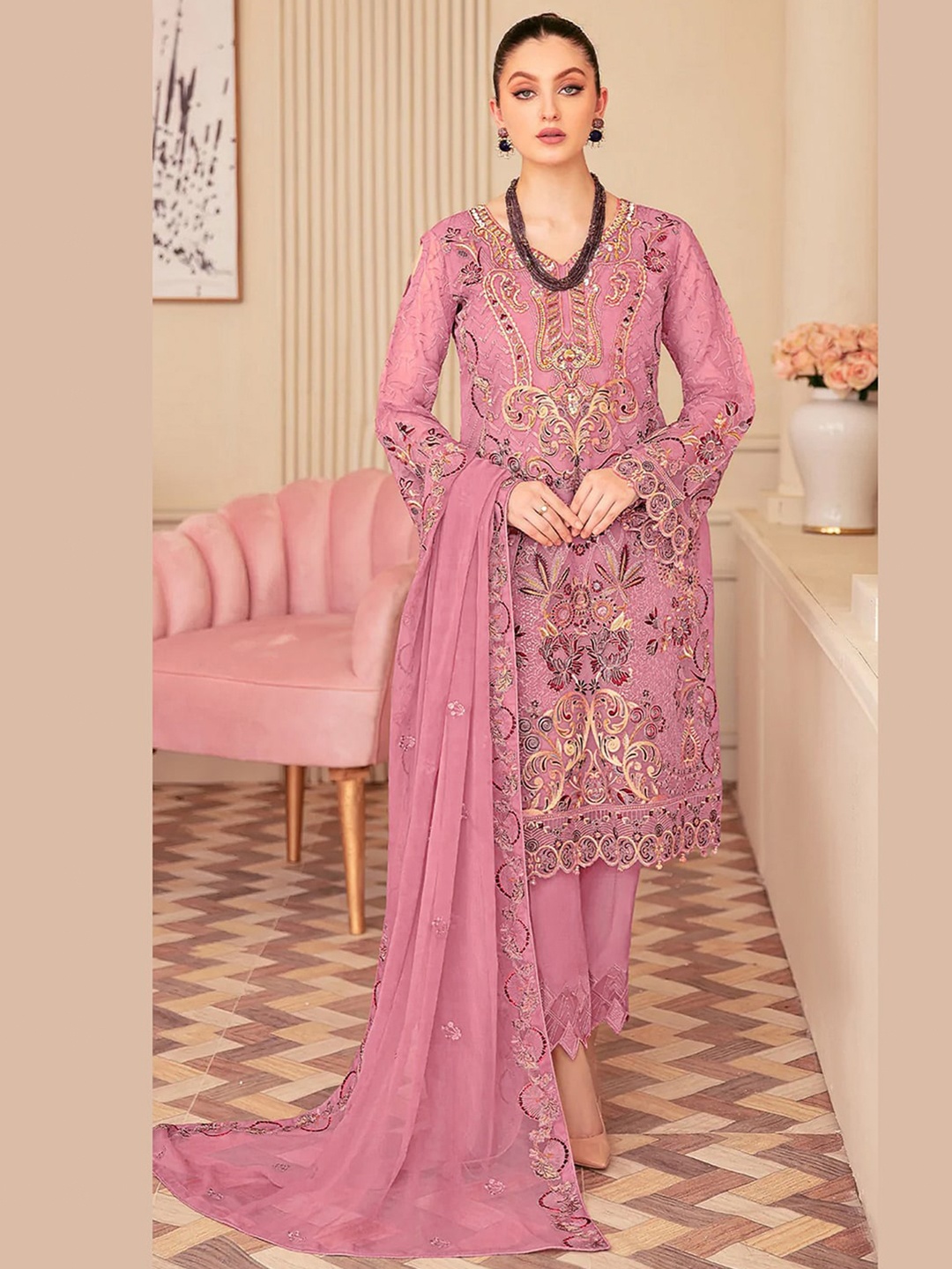 

Satrani Embroidered Unstitched Dress Material, Pink
