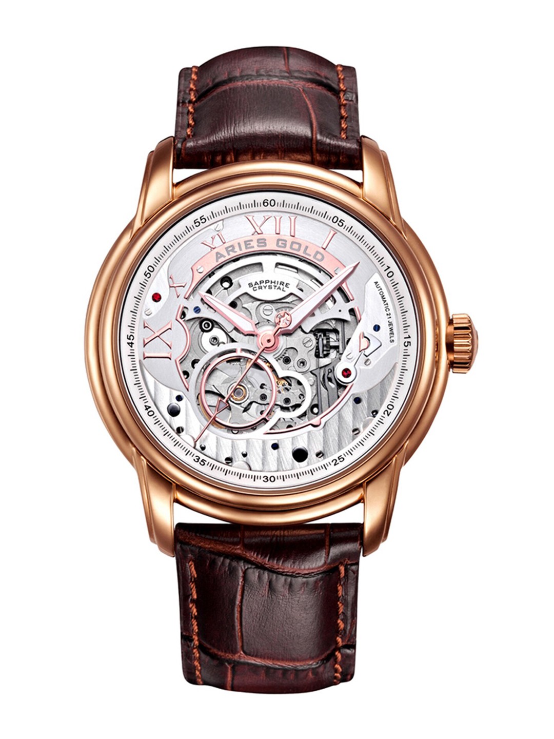 

Aries Gold Men Leather Bracelet Style Straps Analogue Automatic Motion Watch G 9005A RG-S, Silver