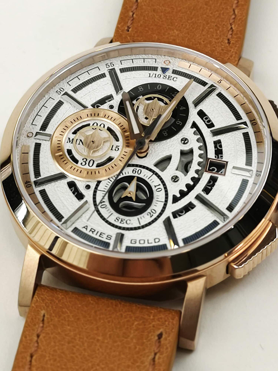 

Aries Gold Men Leather Bracelet Style Straps Digital Chronograph Watch G 7018 RG, Silver