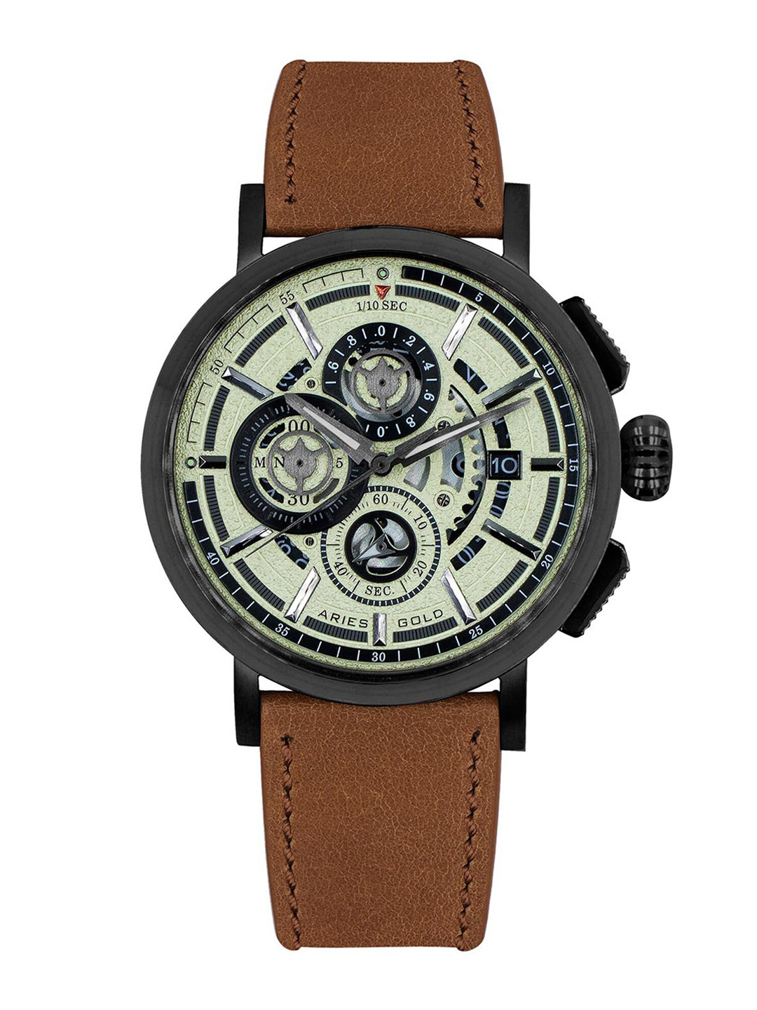 

Aries Gold Men Leather Textured Straps Analogue Chronograph Watch G 7018 BK-BE, Beige