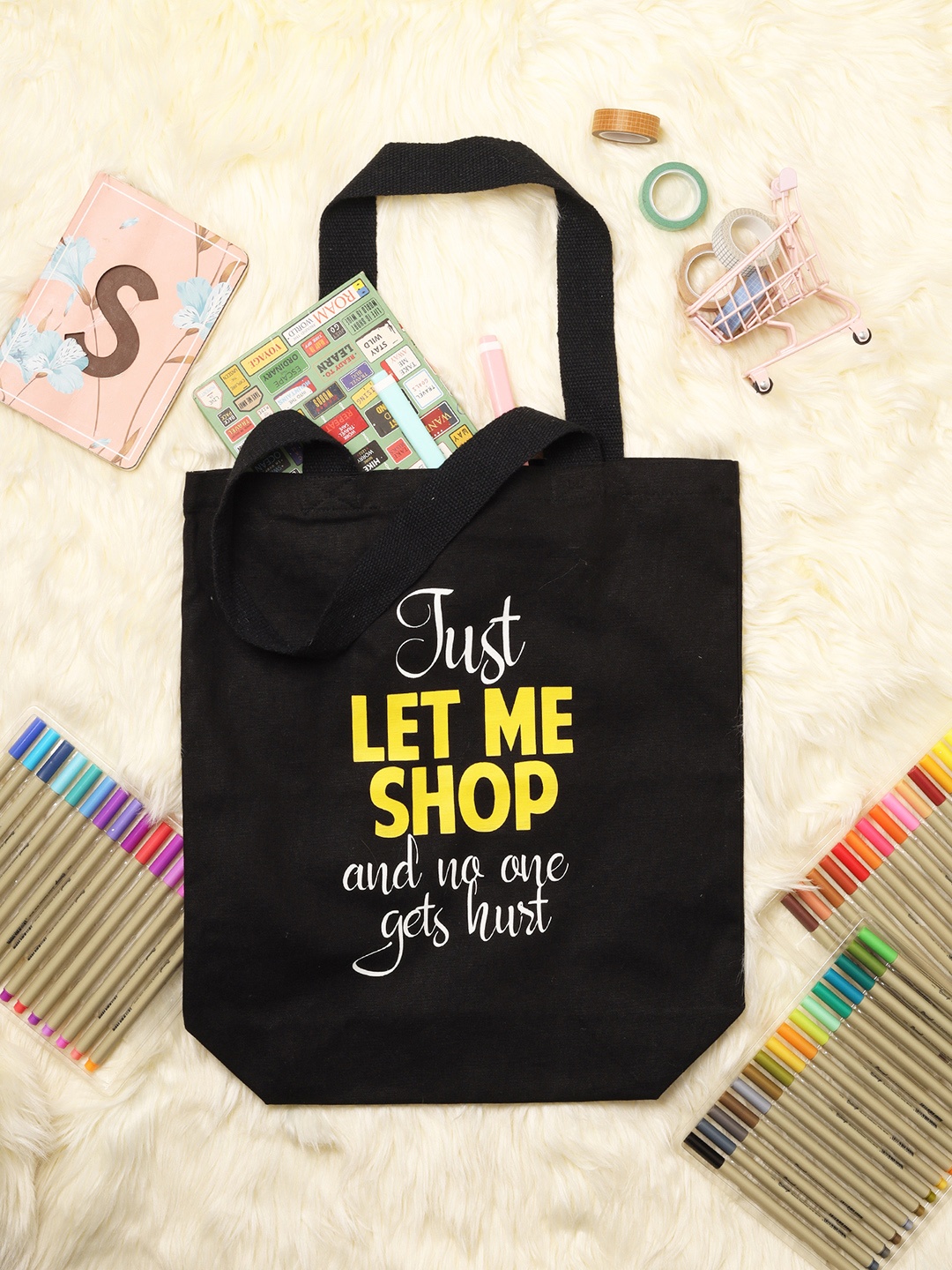 

Doodle Let me shop Printed Cotton Structured Tote Bag, Black