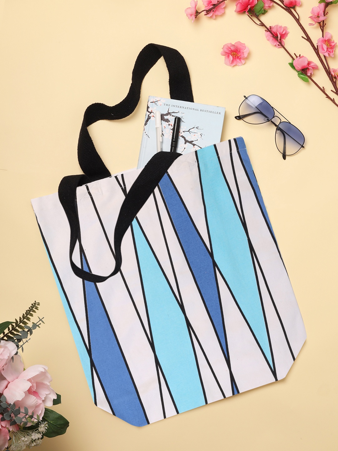 

Doodle Cotton Indigo Stems Tote Bag, White