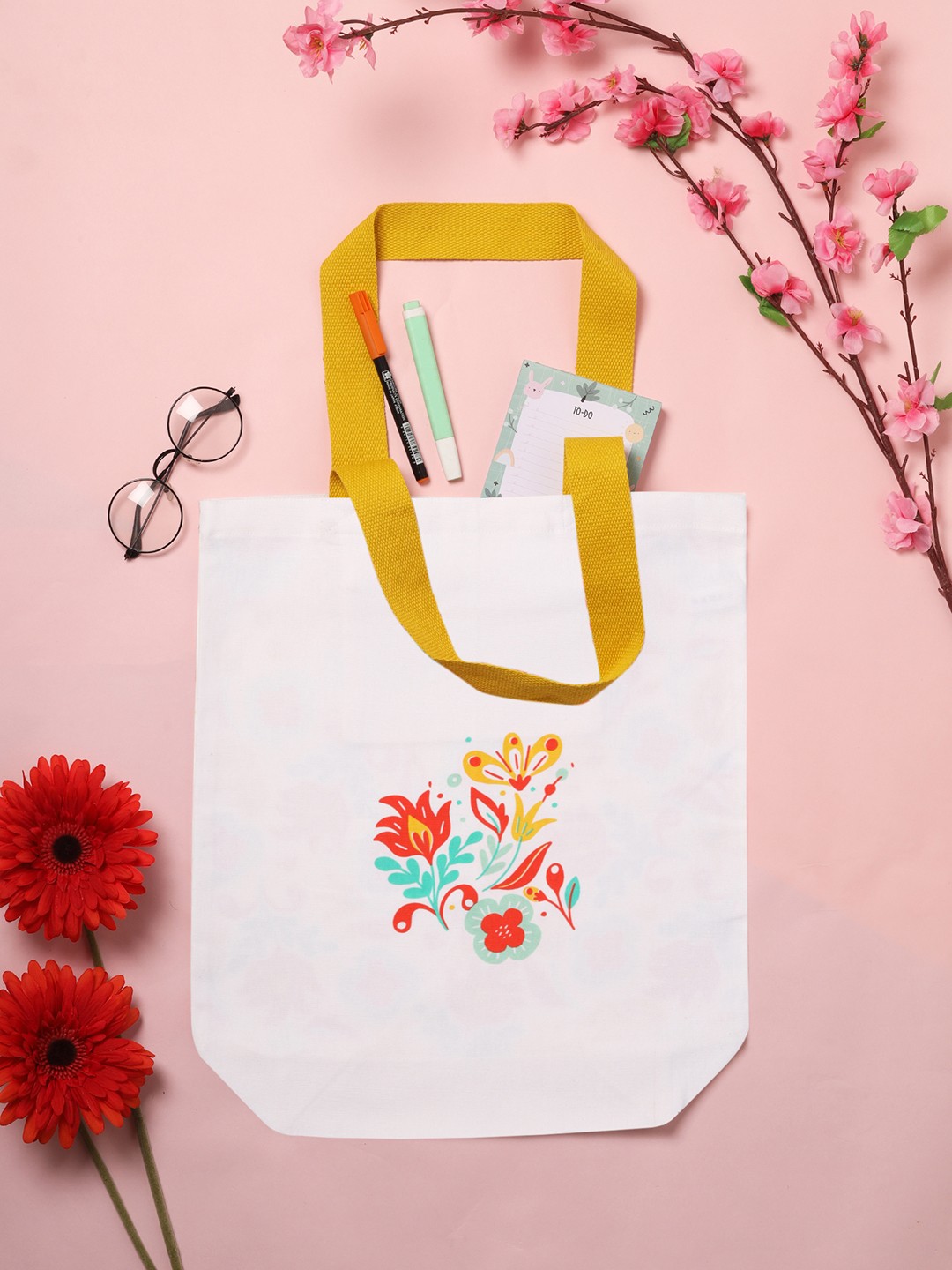 

Doodle Cotton Crimsons Blooms Tote Bag, White