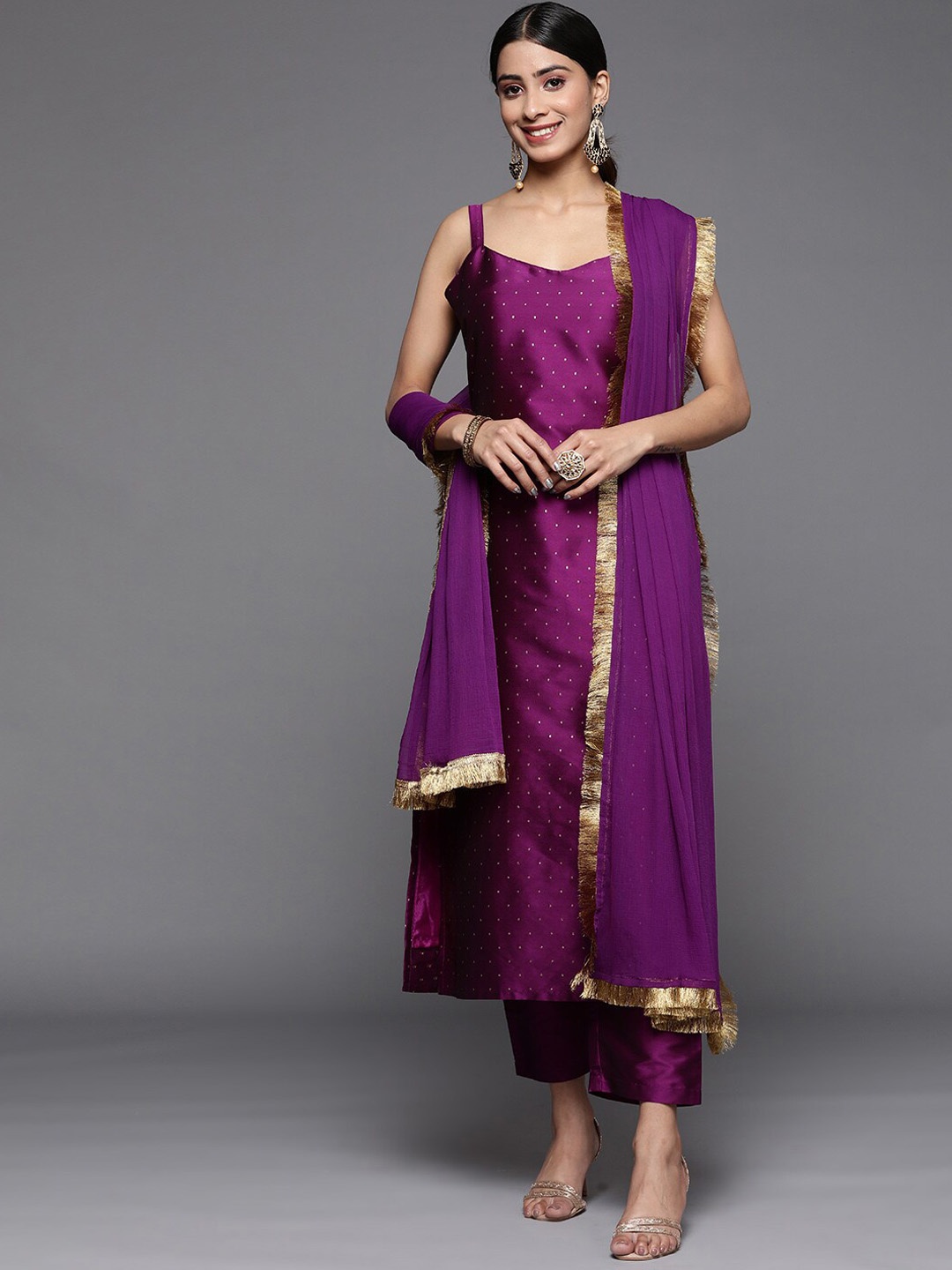 

Varanga Woven Design Kurta with Trousers & Dupatta, Purple
