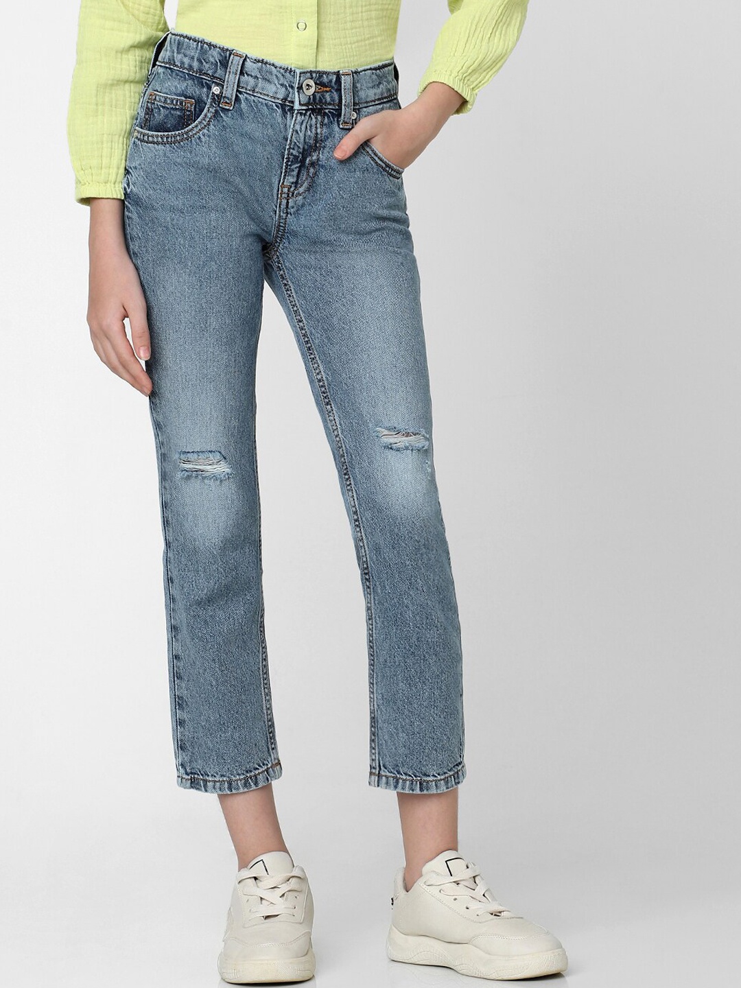 

KIDS ONLY Girls Straight Fit High-Rise Mildly Distressed Jeans, Blue