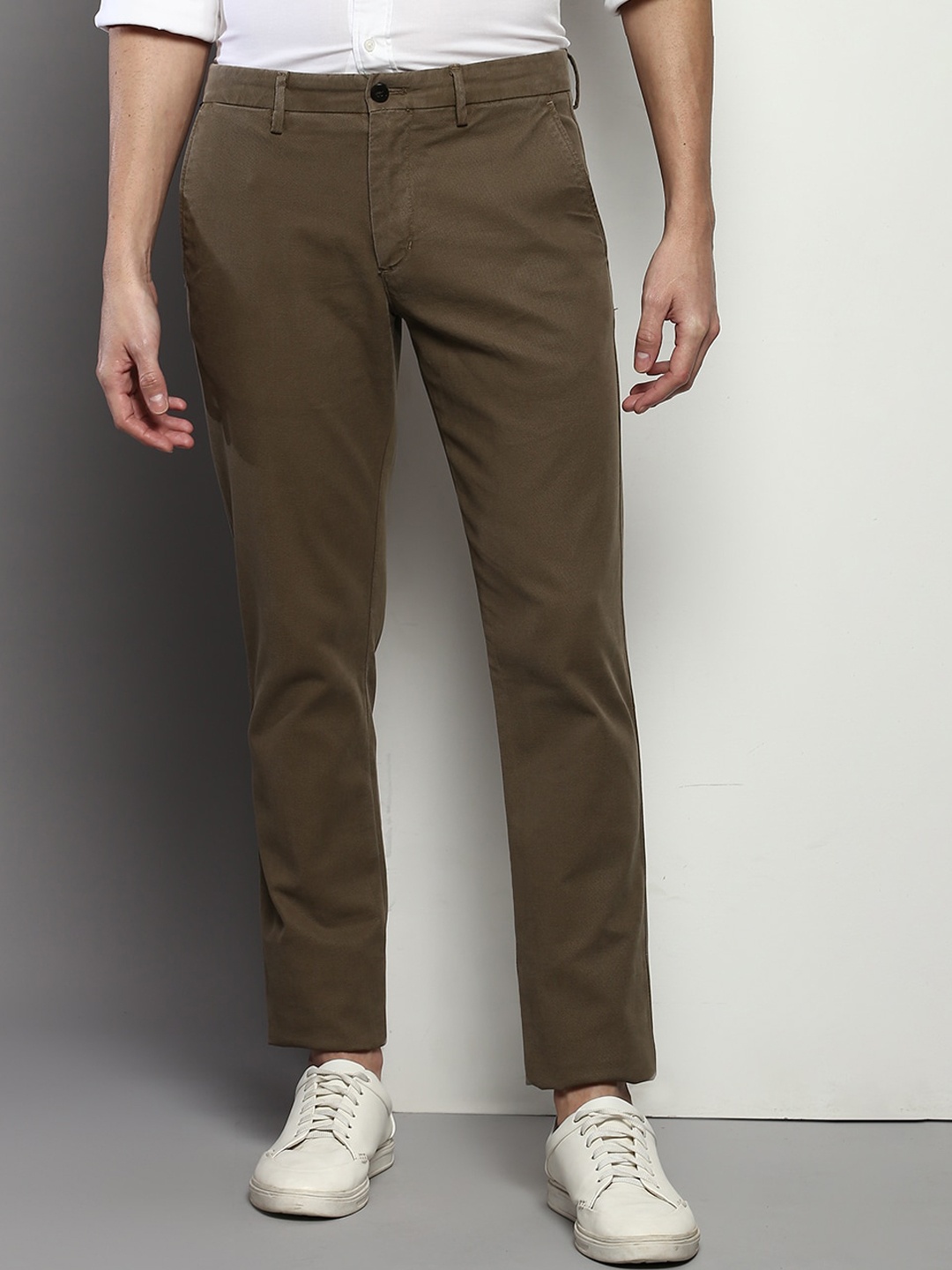 

Tommy Hilfiger Men Self Designed Textured Chinos Trousers, Khaki