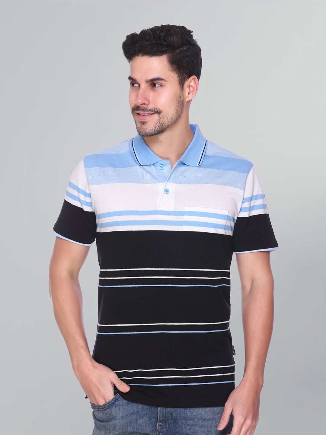 

GODFREY Striped Rapid-Dry Polo Collar Cotton T-shirt, Blue