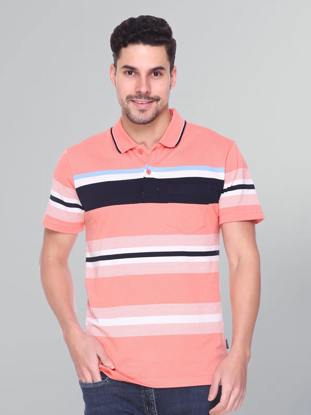 

GODFREY Striped Rapid-Dry Polo Collar Cotton T-shirt, Peach