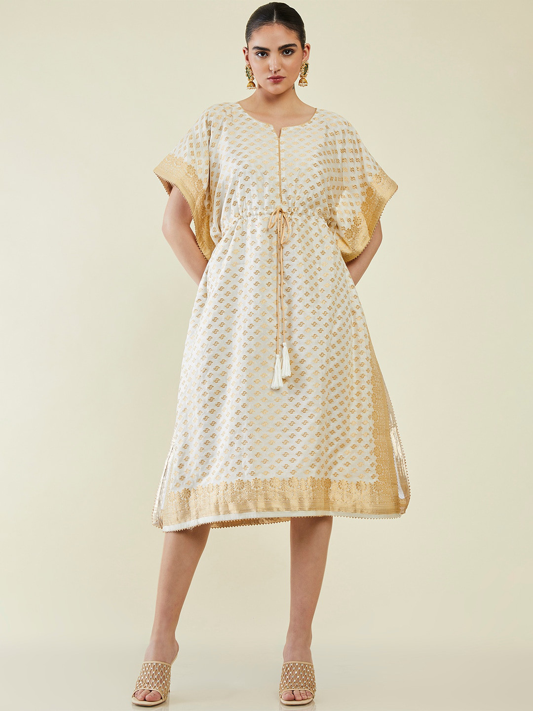 

Soch Ethnic Motifs Jacquard Ethnic A-Line Dress, Off white